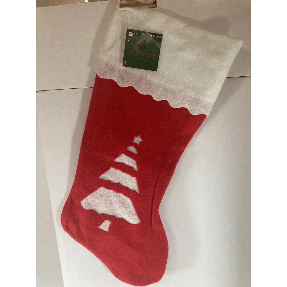 Vintage Large Red Felt Stockings 25.5” Set Of 3 Snowman Trees With Tags NOS
